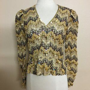Vintage Partique V Neck Long Sleeve Sequin metallic Semi Sheer Blouse Top